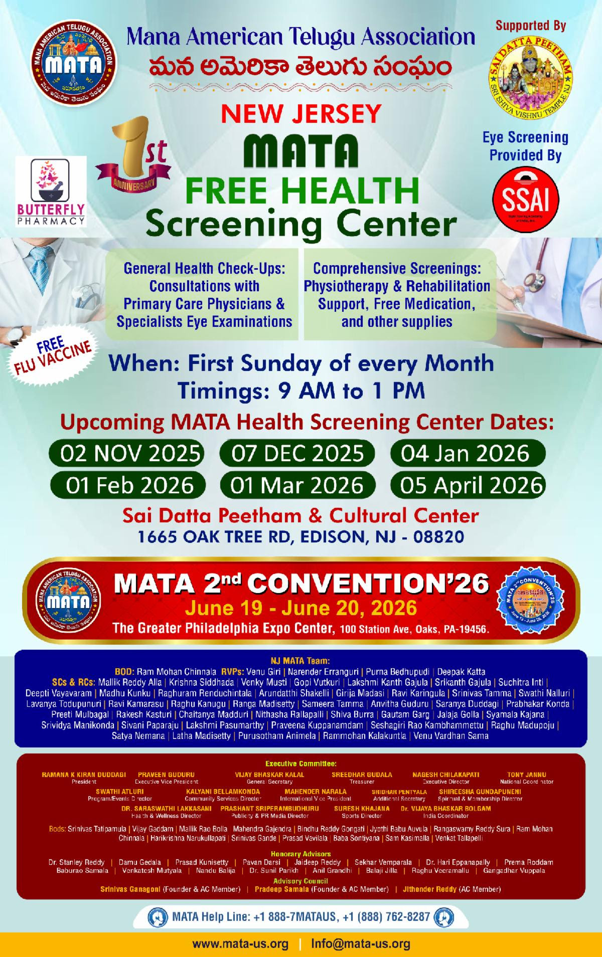 MATA NJ Free Health Camp - 1st Sunday of every month.